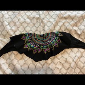 strapless black and blue bathing suit top